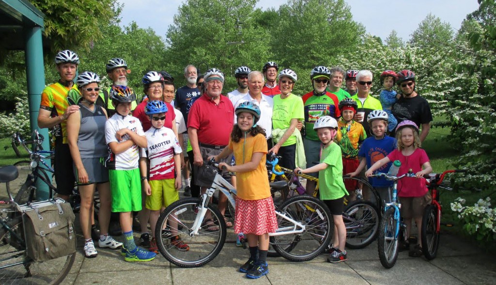 Cyclists gathering for the 2015 spring bike ride with the mayor