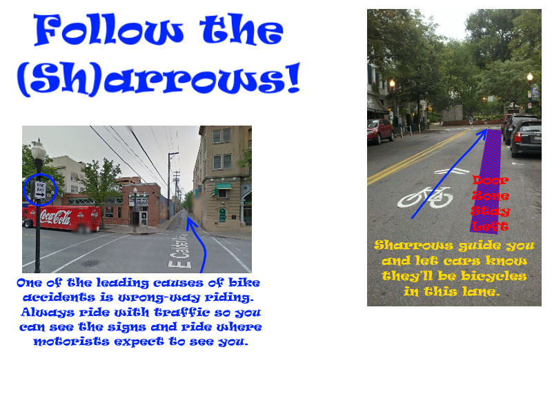 Follow the Sharrows and ride with traffic.