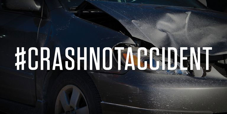 #crashnotaccident with image of car with dented hood