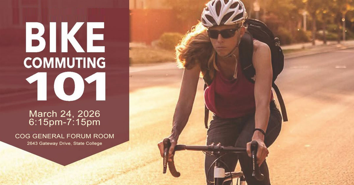 Bike Commuting 101 Header with woman wearing a helmet, backpack and sunglasses riding a road bike down a street